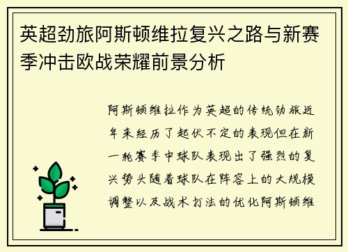 英超劲旅阿斯顿维拉复兴之路与新赛季冲击欧战荣耀前景分析