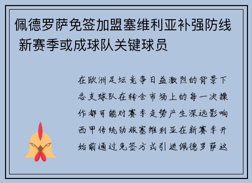 佩德罗萨免签加盟塞维利亚补强防线 新赛季或成球队关键球员